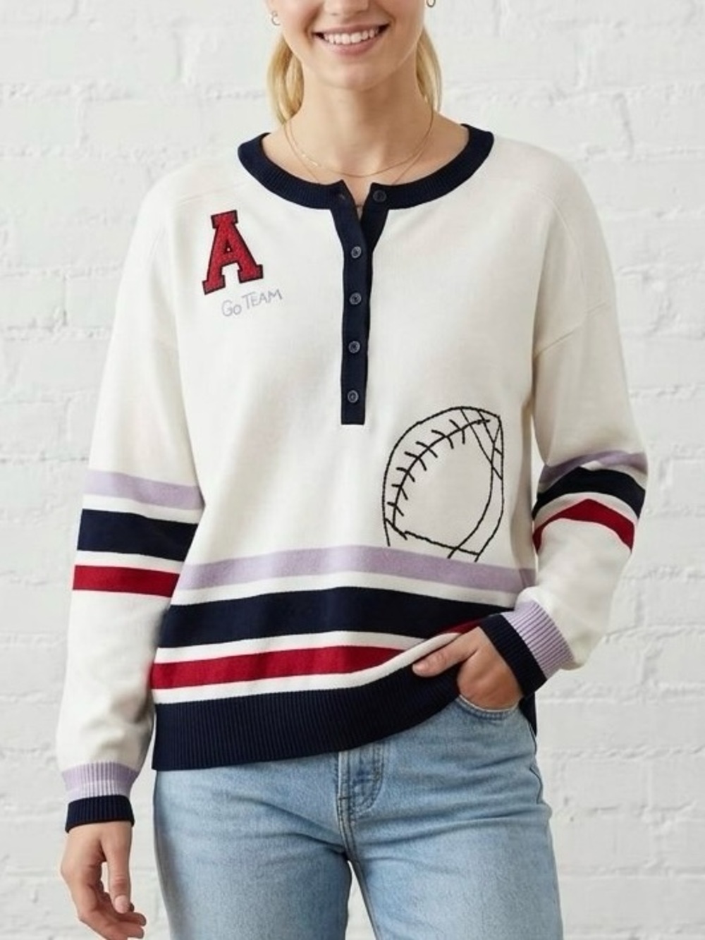 Anthropologie Daily Practice Go Team Embroidered Henley Sweater S Varsity Sporty